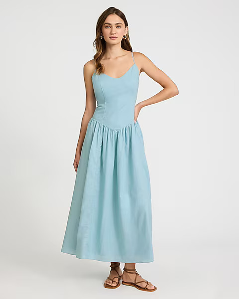 Linen-blend V-neck Drop Waist Midi Dress | Express