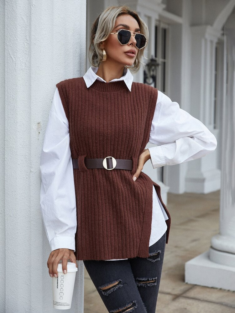 Belted Split Hem Ribbed Knit Top | SHEIN