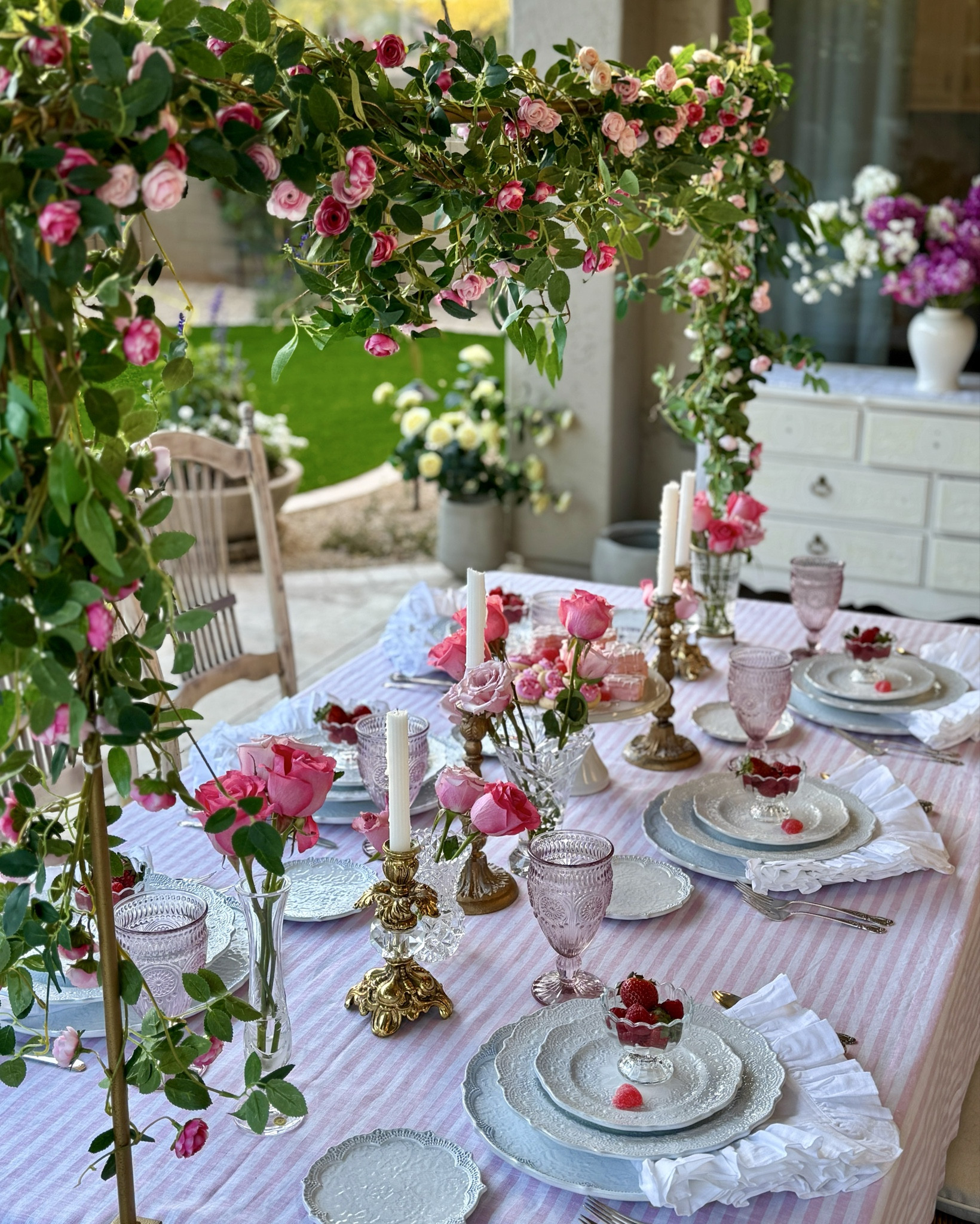 Valentine/Galentine Alfresco table

Dishes are Merletto White from Arte Italica & Crown Linen 

tablescape, tabletop decor, table rod, pink tablecloth, pink striped tablecloth, ruffle napkins, romantic table, mini rose garland, vintage pink glasses, 

#LTKHome #LTKParties