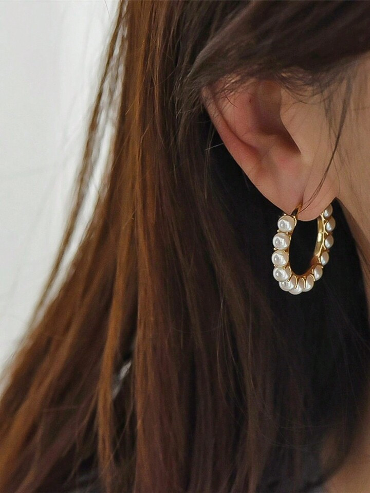 2pcs European And American Fashion Metal Circle Pearl Pattern Stud Earrings And Hoop Earrings, Bi... | SHEIN