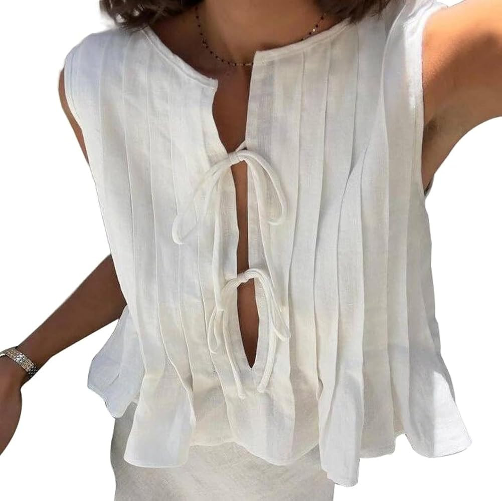 Women Sleeveless Boho Pleated Front Tie Solid Loose Fit Casual Tie Knot Tank T-Shirt Y2k Lace Up ... | Amazon (US)