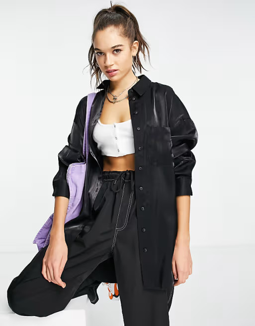 Topshop oversized satin shirt in black | ASOS (Global)