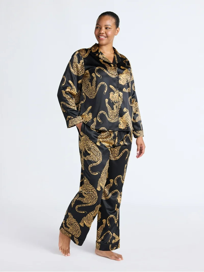 Joyspun Women’s Stretch Satin Notch Long Sleeve Top and Pants Pajama Set, 2-Piece, Sizes XS-3X | Walmart (US)