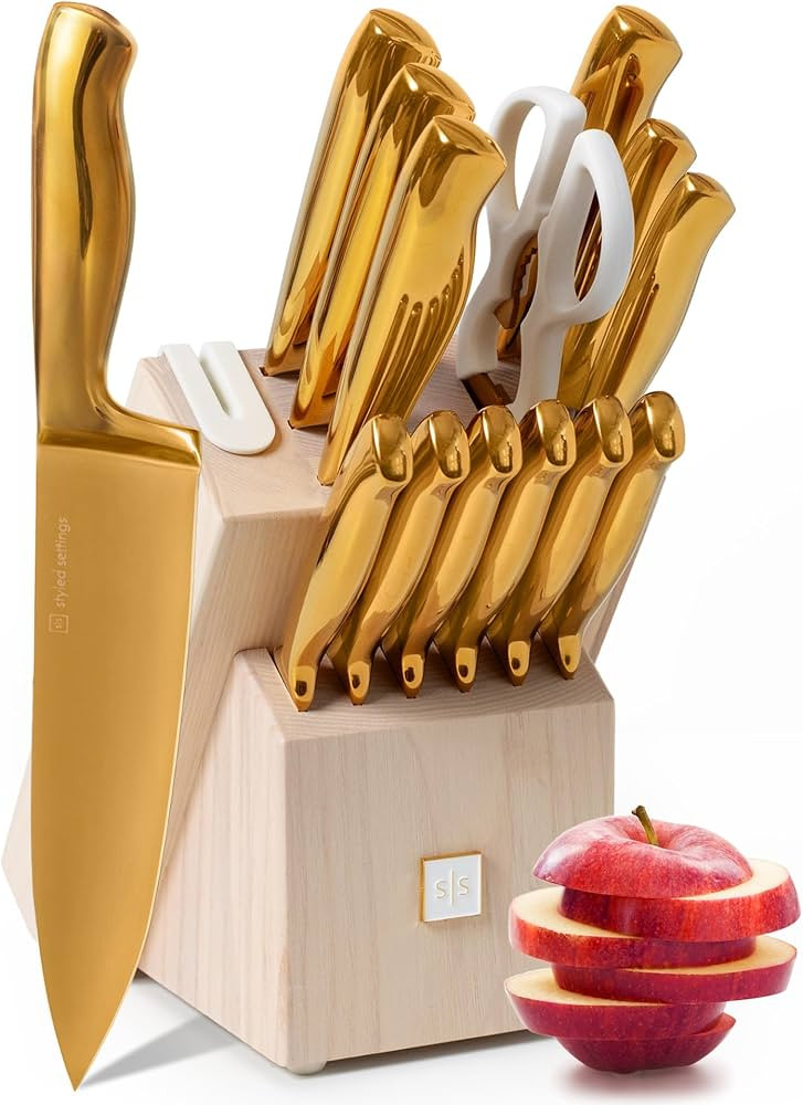 Gold Knife Set for Kitchen with Block and Sharpener - 14 Piece Razor Sharp Titanium Gold Kitchen ... | Amazon (US)