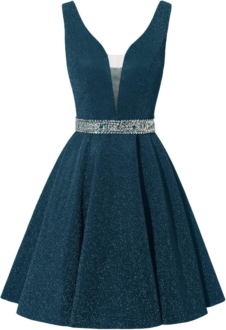 Satin Glitter Homecoming Dresses for Teens Short Prom Dress V-Neck Beaded Evening Formal Cocktail... | Amazon (US)