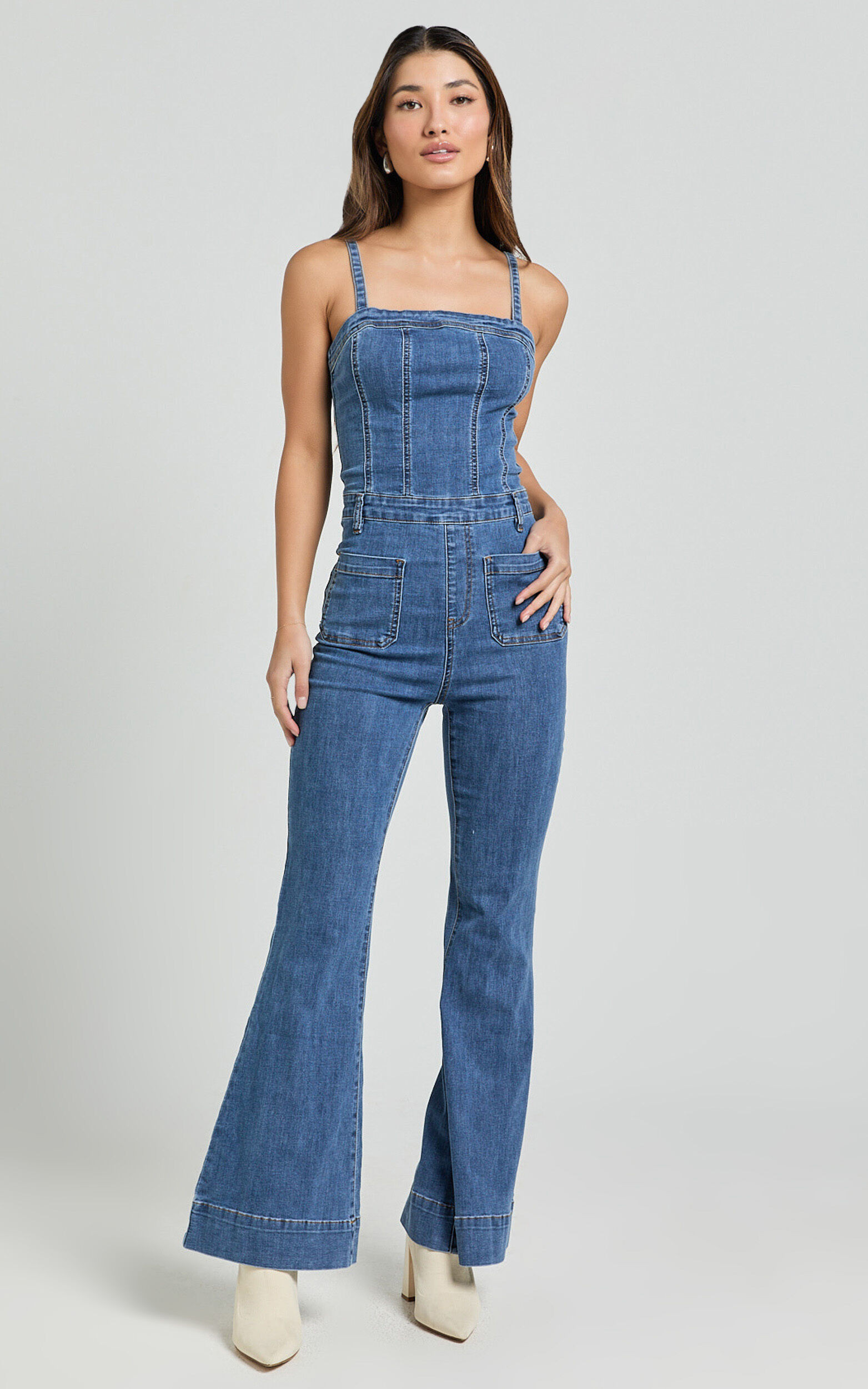 Joey Jumpsuit - Panelled Cami Flared Bottom Denim Jumpsuit in Dark Blue Wash | Showpo (US, UK & Europe)