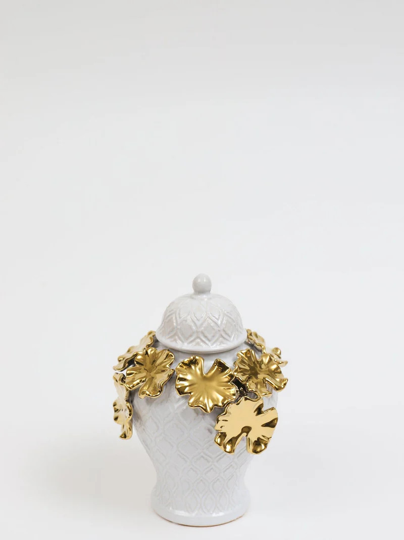 White Textured Ginger Jar with Gold Floral Design (3 Sizes) | Inspire Me! Home Decor