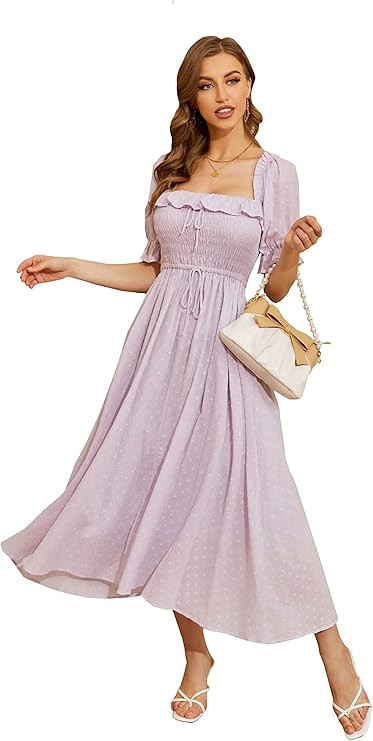 R.YIposha Women Vintage Elastic Square Neck Ruffled Half Sleeve Summer Backless Beach Flowy Maxi ... | Amazon (US)