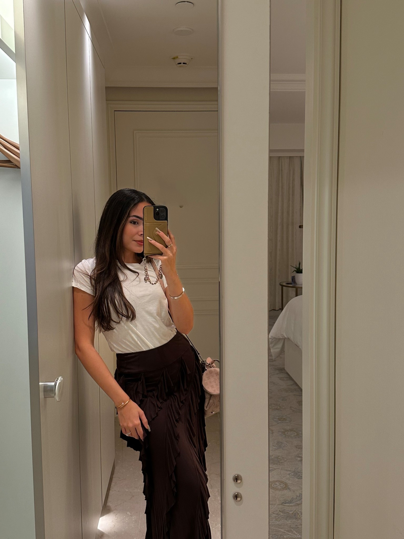 Casual dinner attire always calls for a maxi skirt with a basic tee 