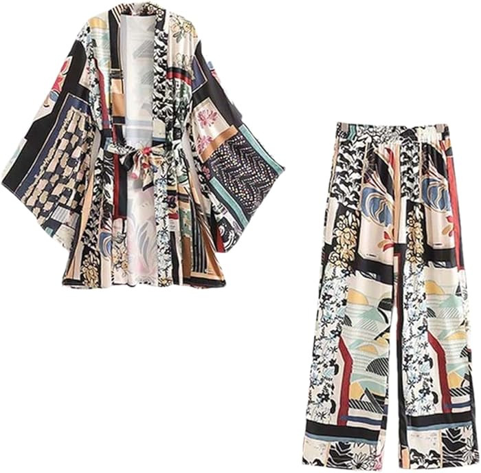 Woman 2 Pieces Sets Kimono Shirts +Trousers Suit Printed Long Sleeve Blouse Female Pants Casual S... | Amazon (US)