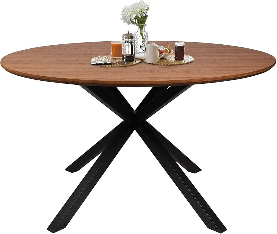 53” Round Dining Table for 4-6, Farmhouse Wood Kitchen Table with Wooden Top and Cross Metal Le... | Amazon (US)