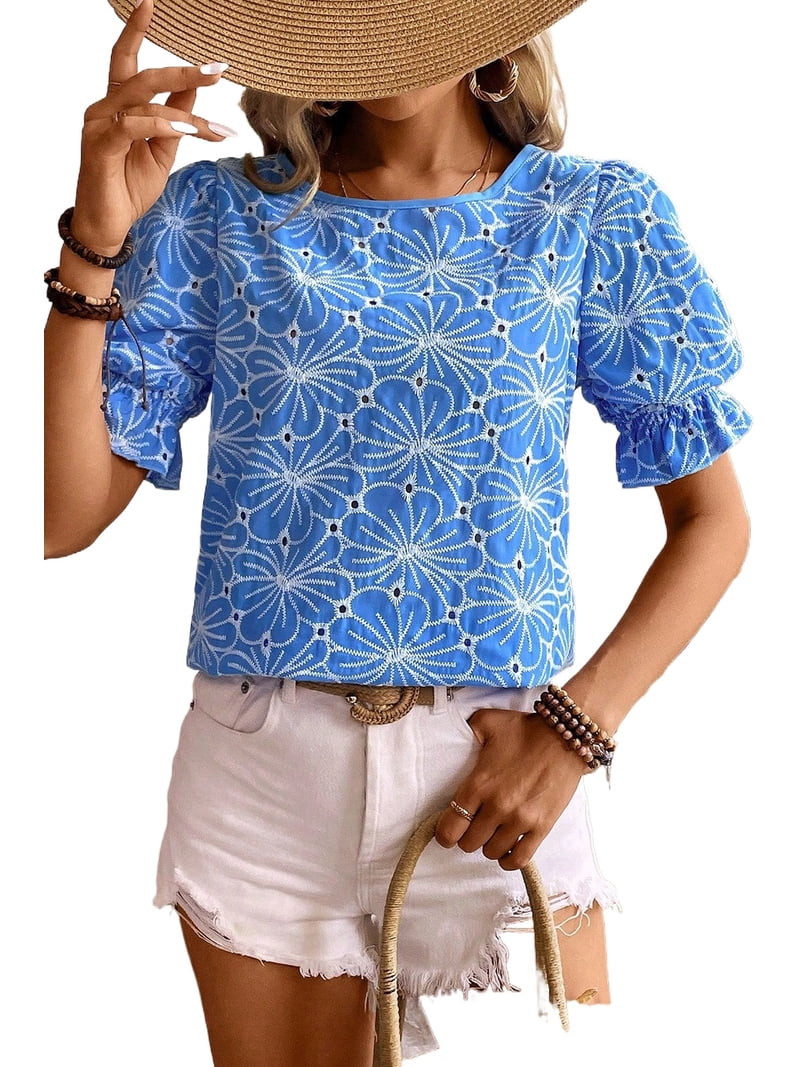 Women's Sky Blue Eyelet Flower Embroidery Frilled Short Puff Sleeve Blouse | [ZhiHiMeRi] | (US 12... | Walmart (US)