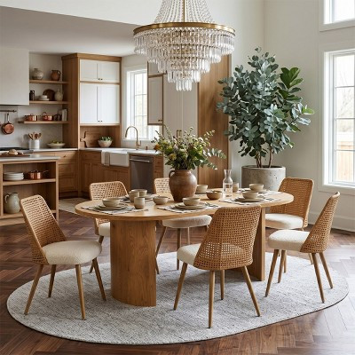 Dining Table Set for 6, Upholstered Dining Chairs with Rattan Backs and Oval Table in Natural Wood-Tone Finish, for Kitchen or Dining Room-Panipeachy | Target