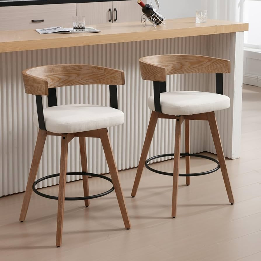 Mid-Century Bar Stools Set of 2, 26 Inch Swivel Counter Height Stools Linen Fabric Barstools with... | Amazon (US)