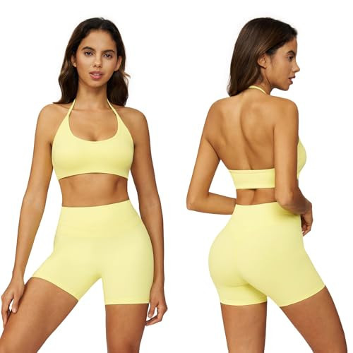 ABOCIW Workout Sets for Women 2 Piece Outfits Halter Sports Bra Matching Tummy Control High Waist Shorts Gym Active Set Yoga Pilates Outfits Yellow Medium | Amazon (US)
