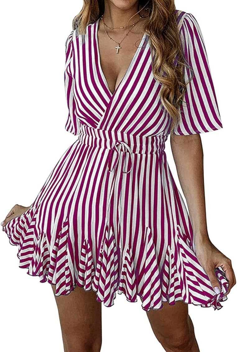 PRETTYGARDEN Women's Casual Summer Striped Dress Short Sleeve Wrap V Neck Ruffle Hem Mini Skater ... | Amazon (US)