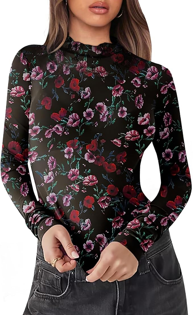 OFEEFAN Womens Long Sleeve Mesh Top See Through Mock Neck Sheer Blouses | Amazon (US)