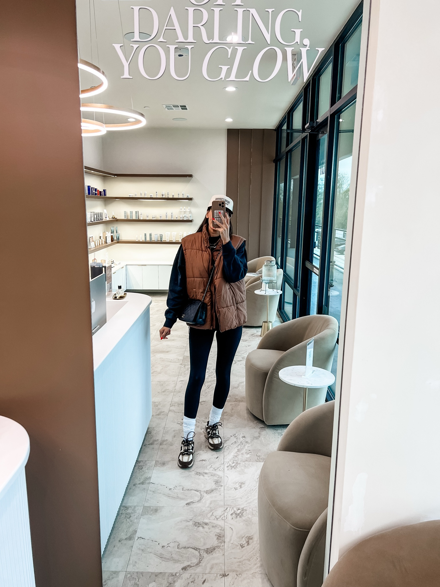 Hat is loveonpurpose.co
Vest is medium
Sweatshirt is M
Leggings are XS