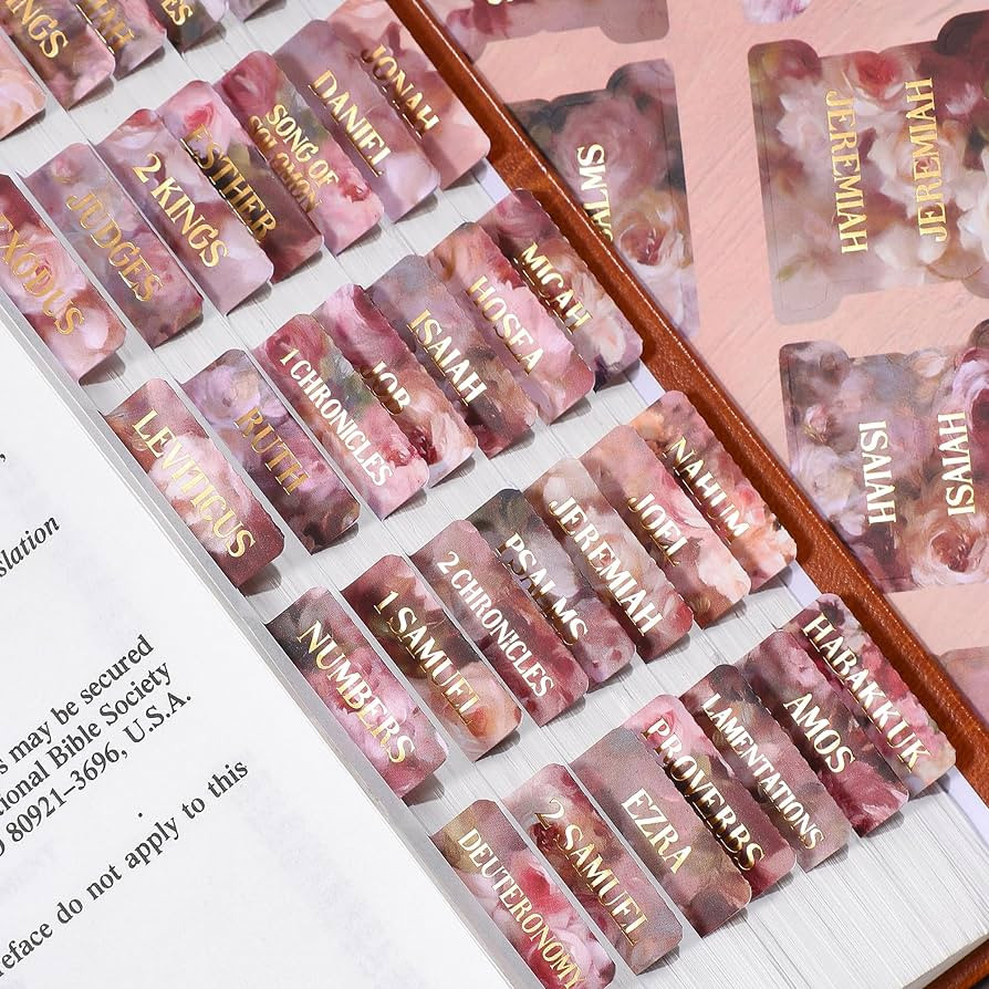 Pink Roses Bible Tabs, 105 Pcs Oil Painting Floral Gold Foil Index Tabs with Ruler - 66 Old & New... | Amazon (US)