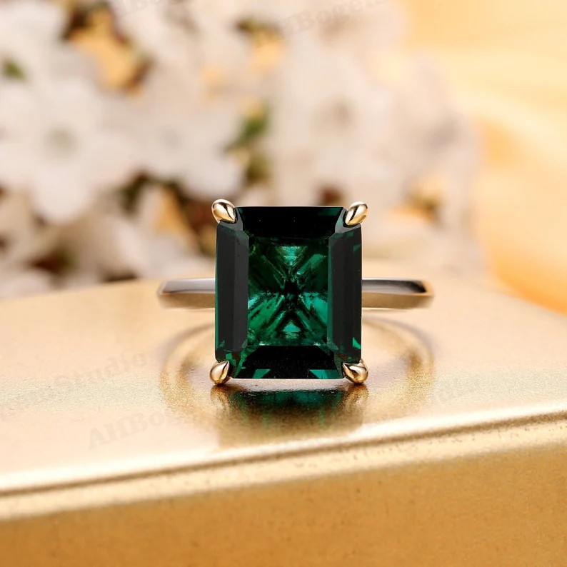 Vintage Emerald Ring,Solid 14K Two Tone Gold 7CT Lab Created Emerald Engagement Ring,Minimalist S... | Etsy (Global)