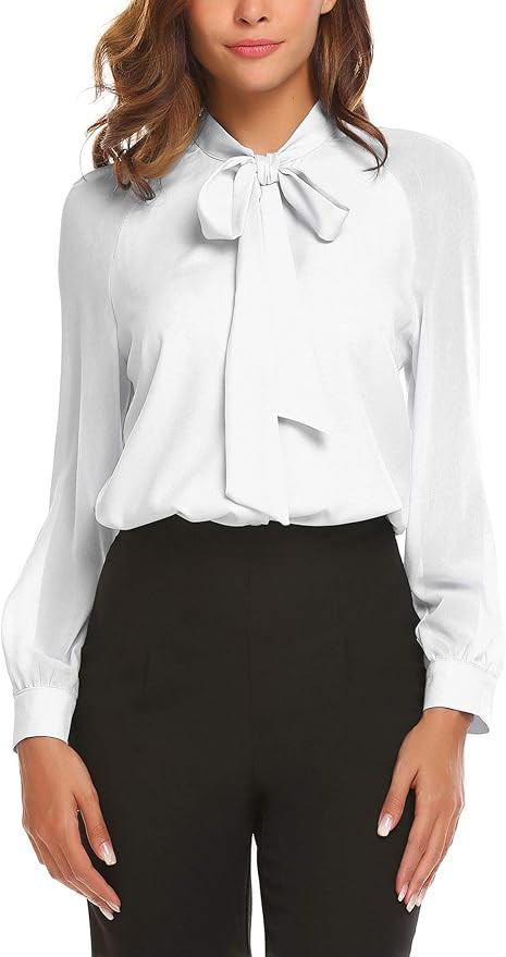 ACEVOG Women Bow Tie Neck Chiffon Blouses Sheer Long Sleeve Patchwork Casual Button Shirts | Amazon (US)