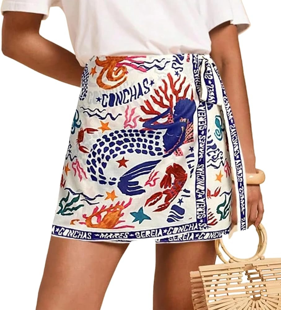 Womens Wrap Mini Skirt Boho Floral Printed Knot Side High Waist A Line Casual Summer Beach Short ... | Amazon (US)