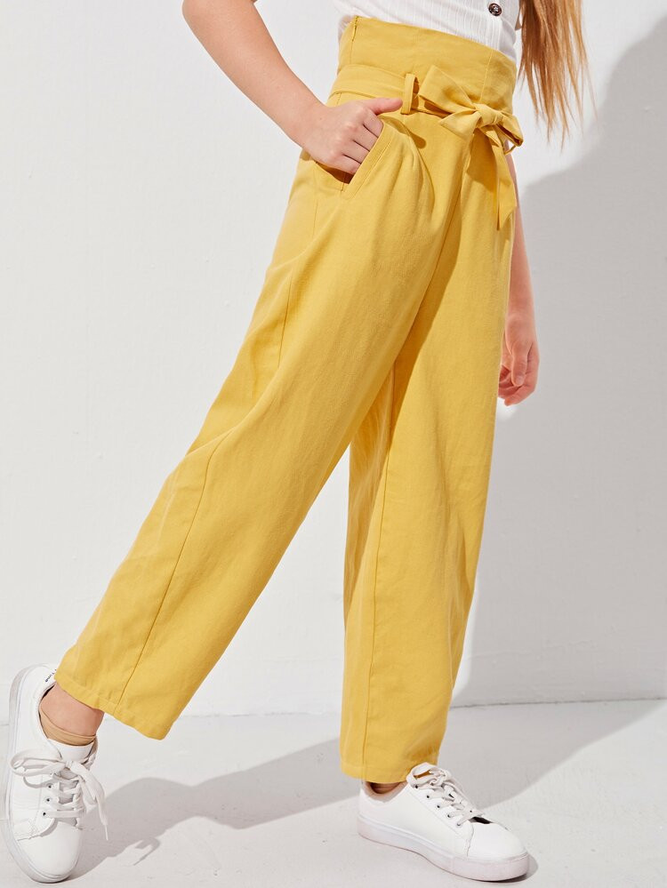 Girls Wide Waistband Belted Pants | SHEIN