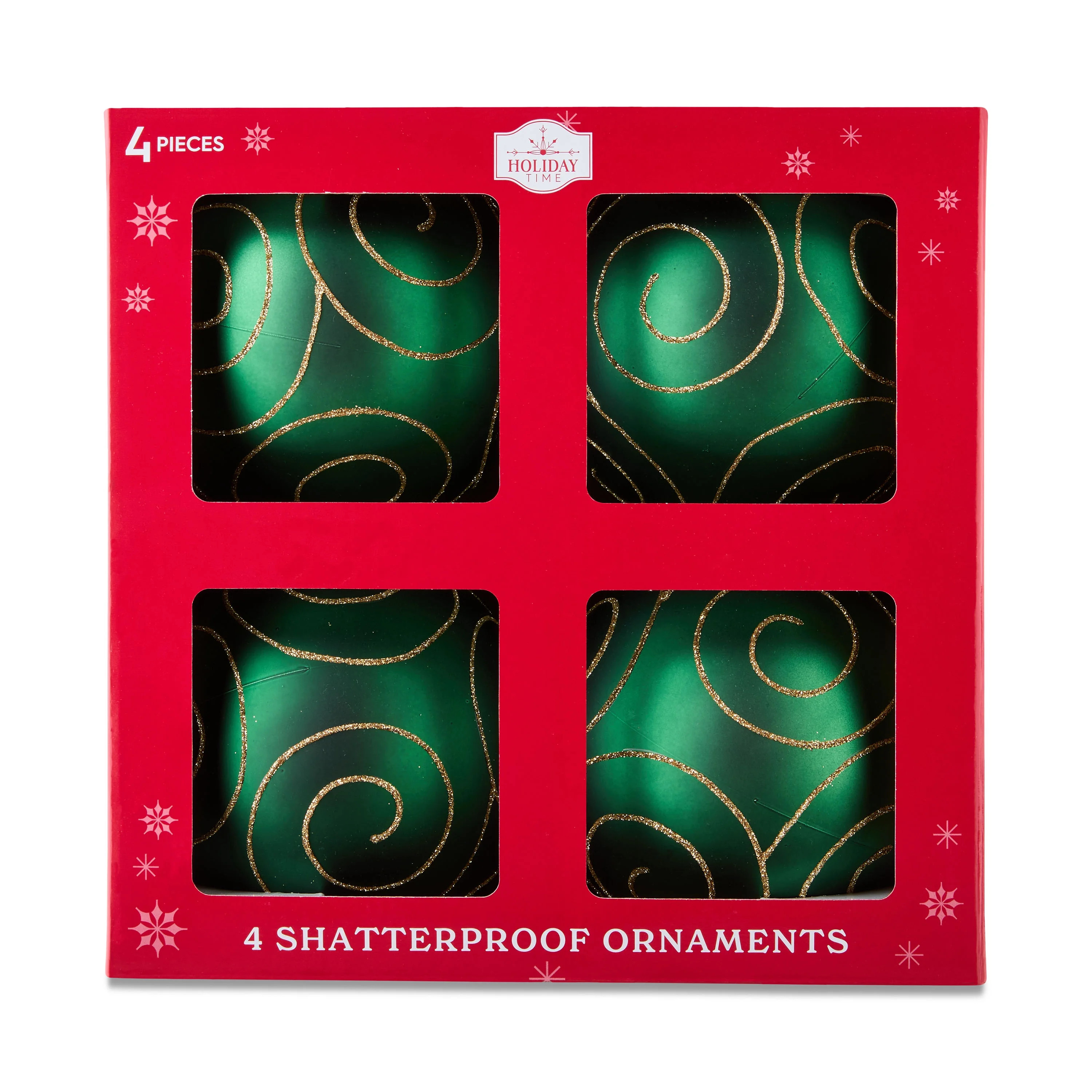 4-Count Green with Gold Glitter Swirl Shatterproof Christmas Ornaments, 5.9 in, by Holiday Time | Walmart (US)
