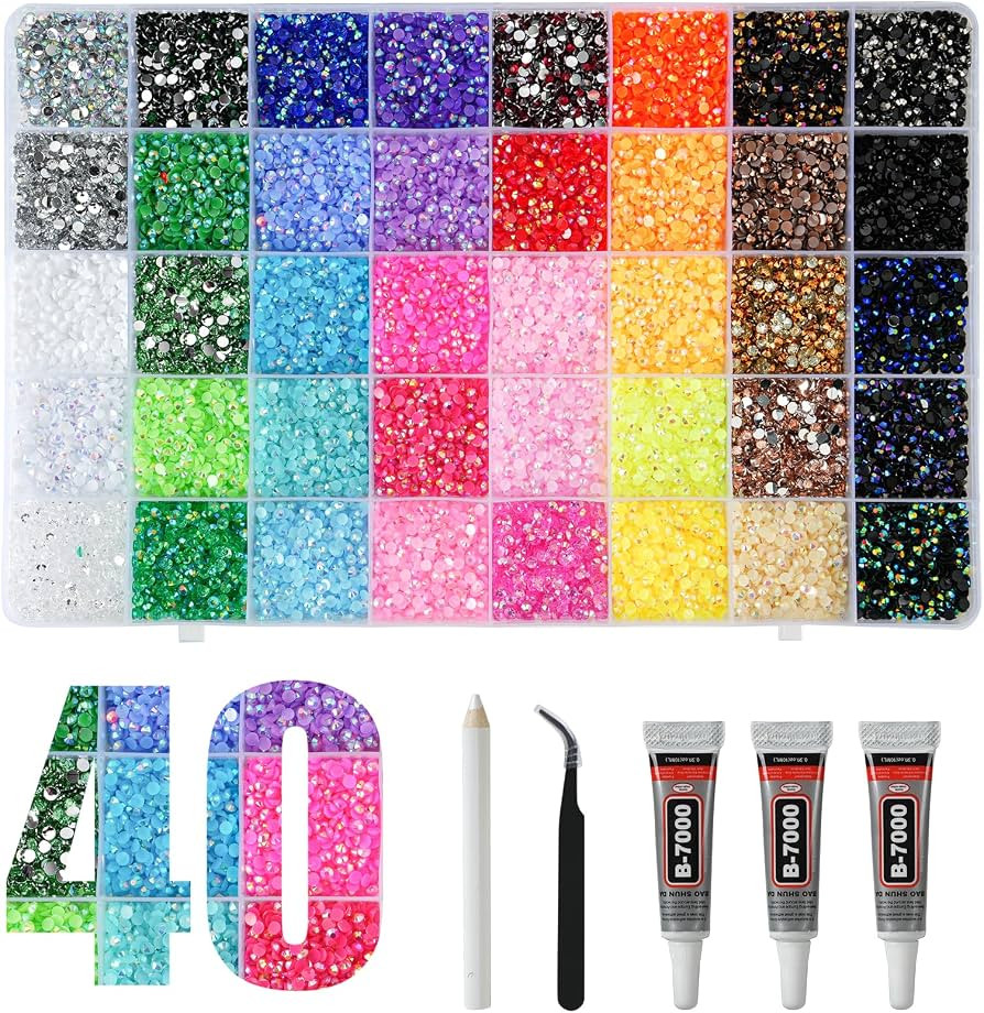 32000Pcs Resin Rhinestones for Bedazzling, 40 Colors 3mm Flatback Gems with 3Pcs 10ml B7000 Glue,... | Amazon (US)