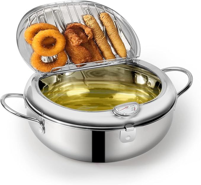 Deep Fryer Pot 304 Stainless Steel Japanese Frying Pot 3.4L/9.4 Inch Tempura Frying Pot with Lid,... | Amazon (US)