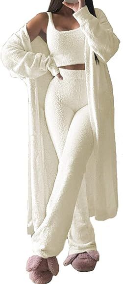 TOLENY Women's Fuzzy 3 Piece Lounge Sets Sweatsuits Open Front Cardigan Crop Tank Tops Wide Legs ... | Amazon (US)