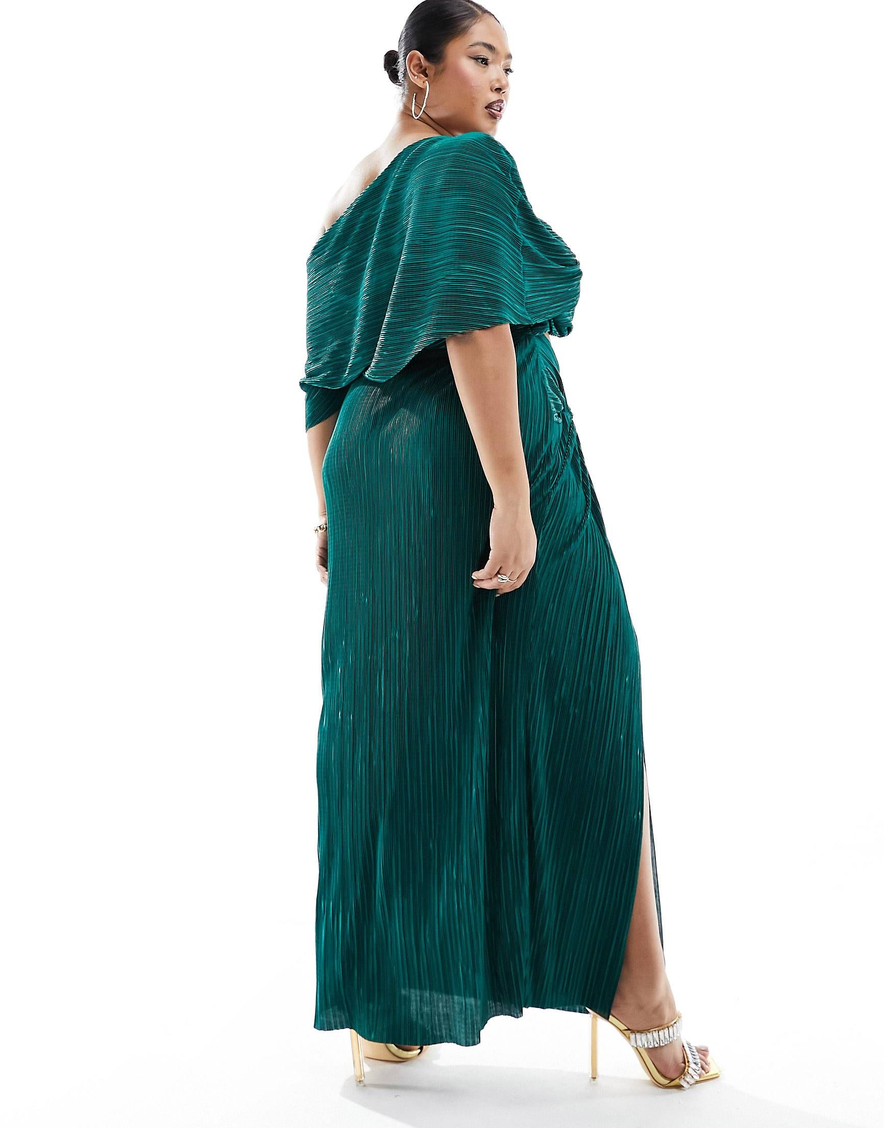ASOS DESIGN Curve two in one fallen shoulder plisse maxi dress in bottle green | ASOS | ASOS (Global)