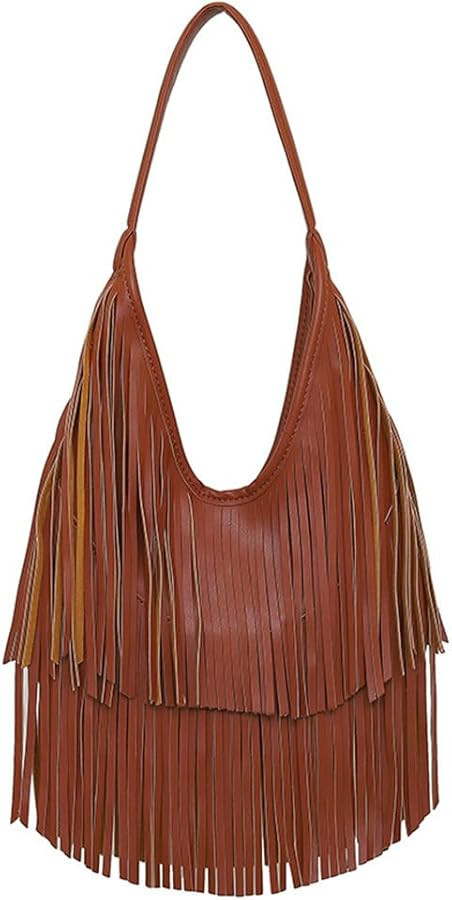 Faux Leather Small Fringe Hobo Purse Slouchy Style Shoulder Bag for Women | Amazon (US)
