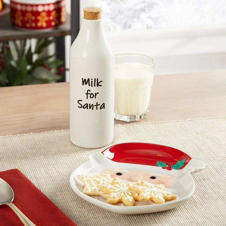 Holiday Time Multicolor Santa-Shaped Glazed Earthenware Cookie Plate with Corked Milk Bottle, Cau... | Walmart (US)
