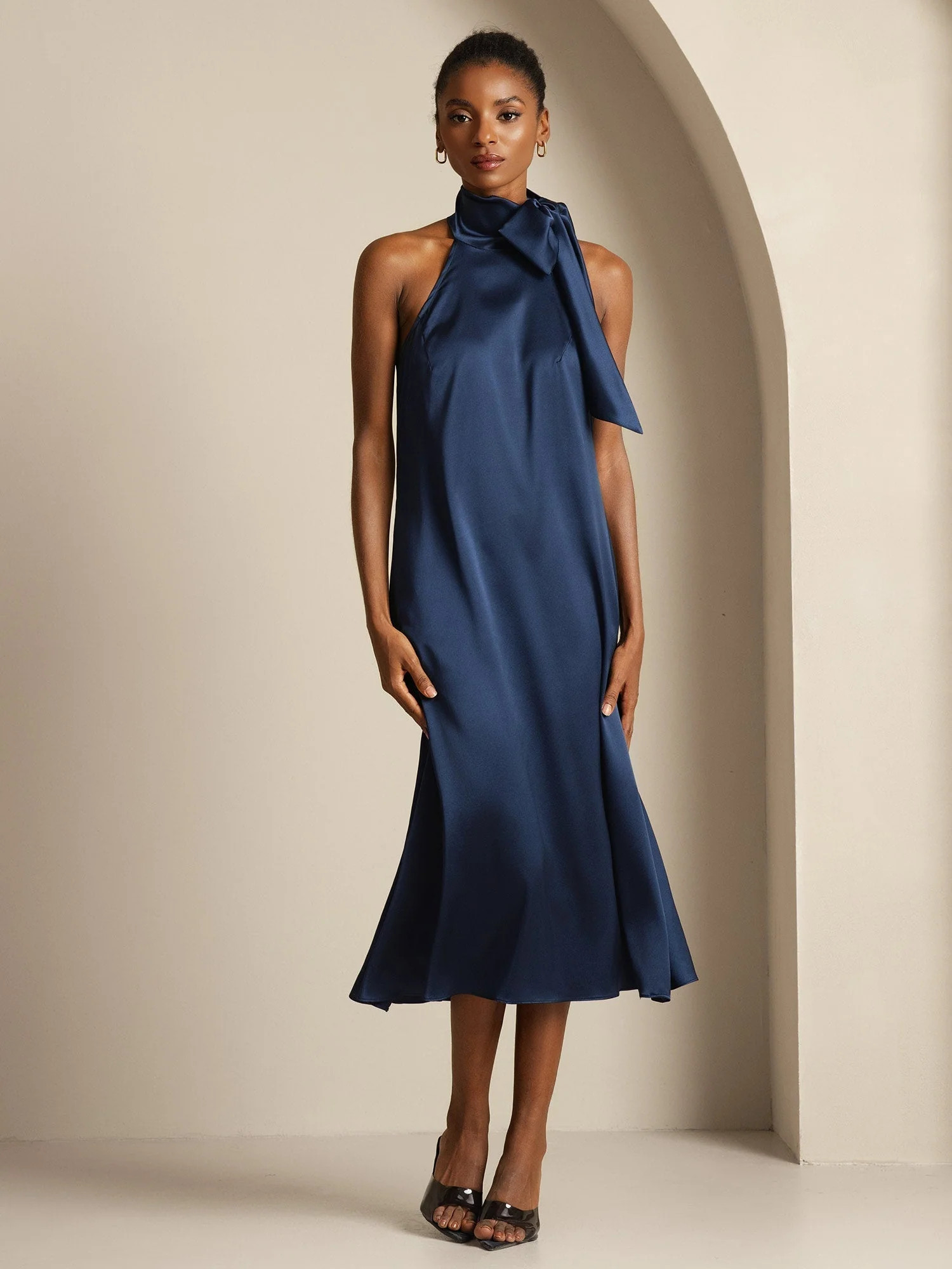 19Momme Silk Tie Neck Dress | SilkSilky