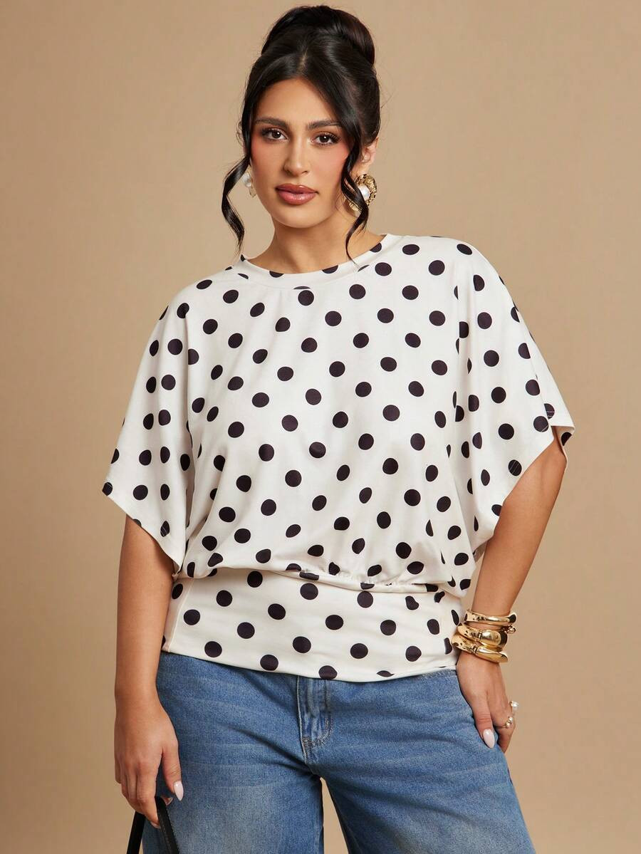 SHEIN BAE Vintage Polka Dot Round Neck Waist Cinched Batwing Sleeve Blouse | SHEIN