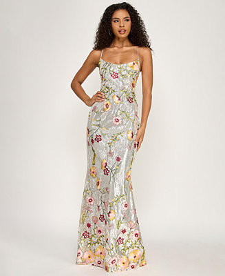 City Studios Juniors' V-Neck Floral Embroidered Sequin Ball Gown - Macy's | Macy's