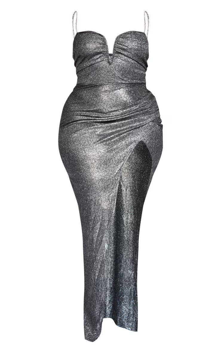 Plus Black Diamante Strap V Bar Glitter Midaxi Dress | PrettyLittleThing US