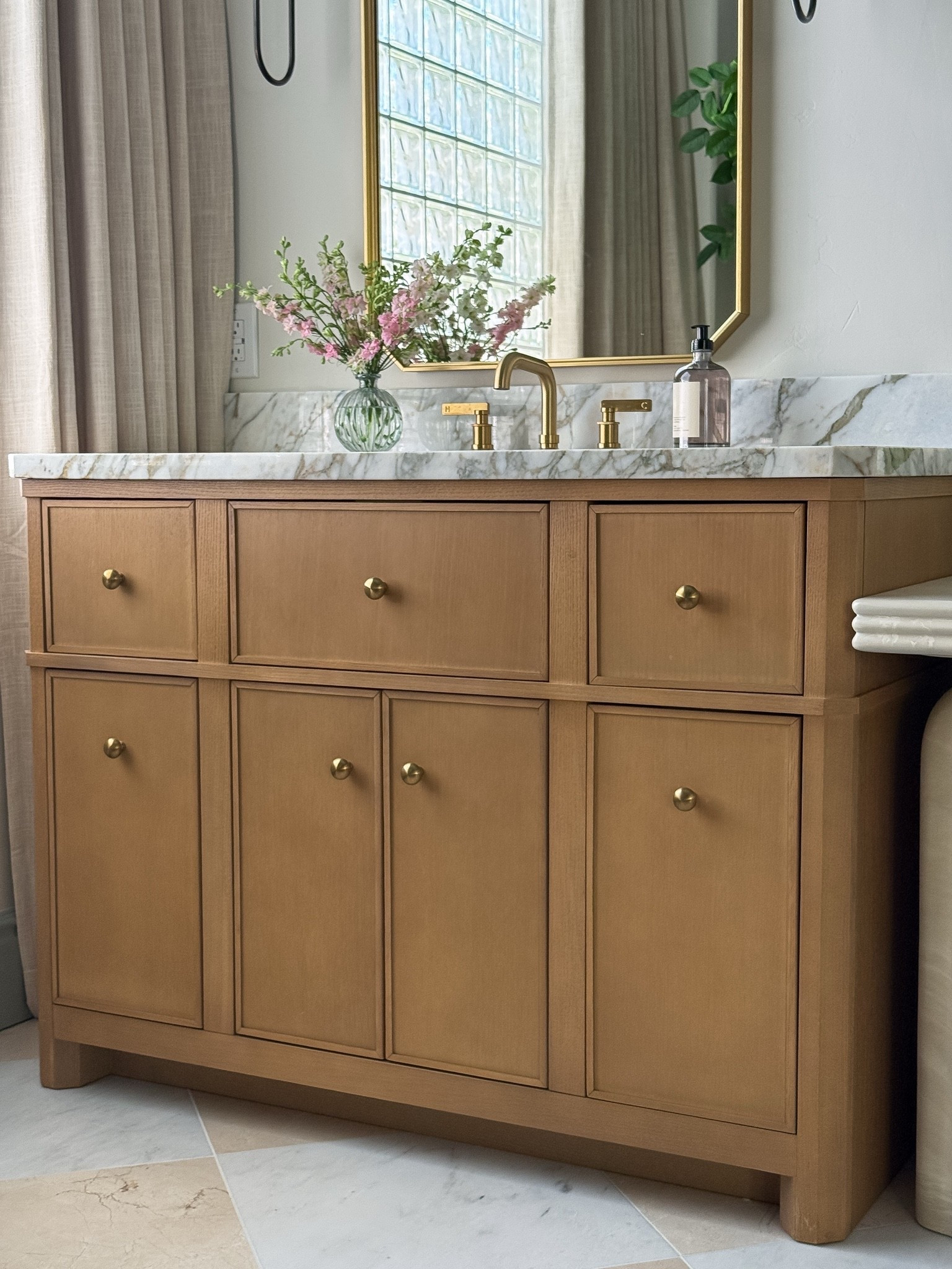 Vanity, mirror, faucet, vase - bathroom
