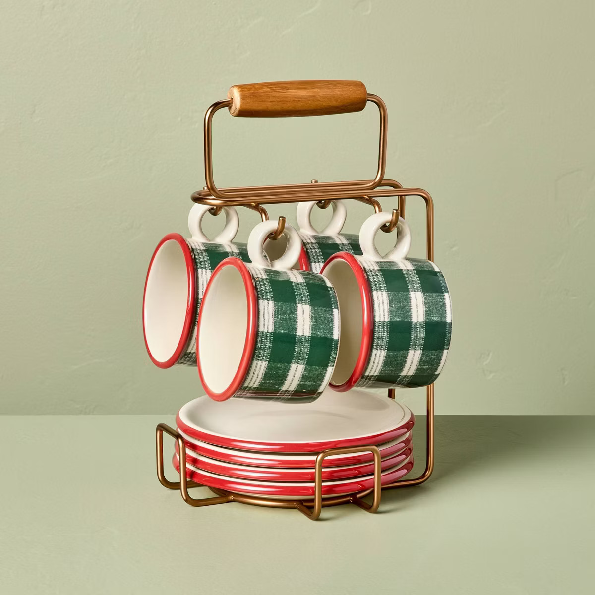 9pc 6.5oz Stoneware Reactive Glaze Hot Cocoa Caddy Green/Cream Plaid - Hearth & Hand™ with Magn... | Target