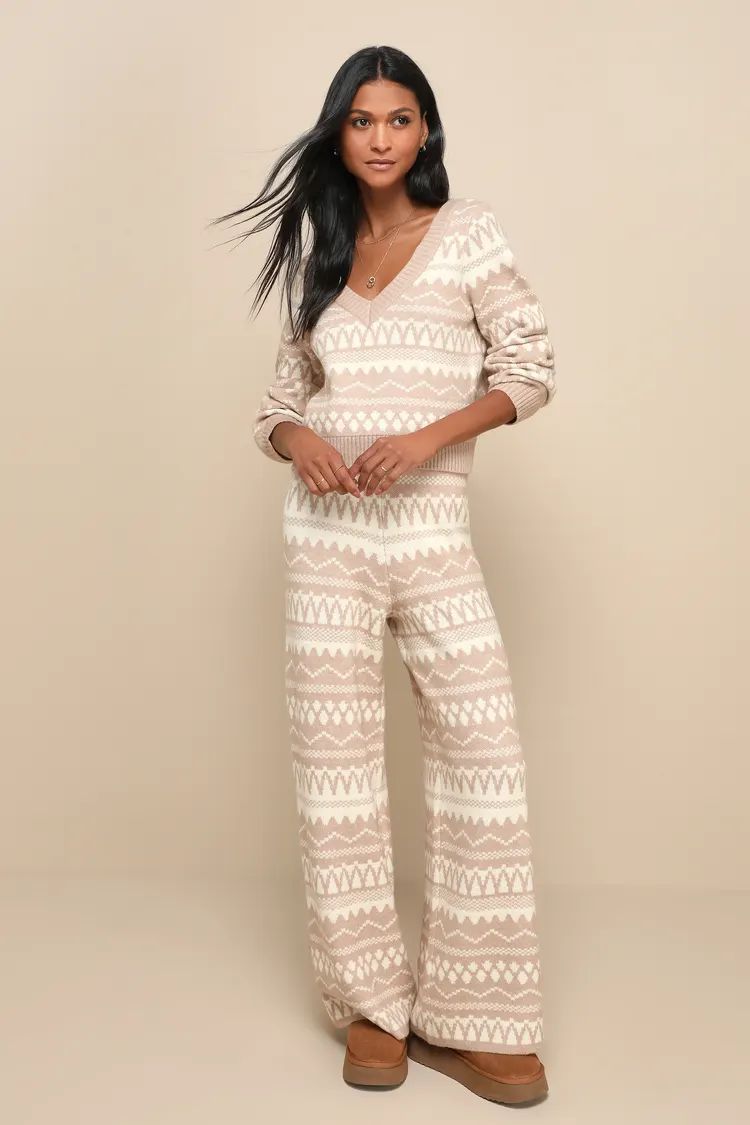 Cabin Cozy Beige Print High-Rise Wide-Leg Sweater Pants | Lulus (US)