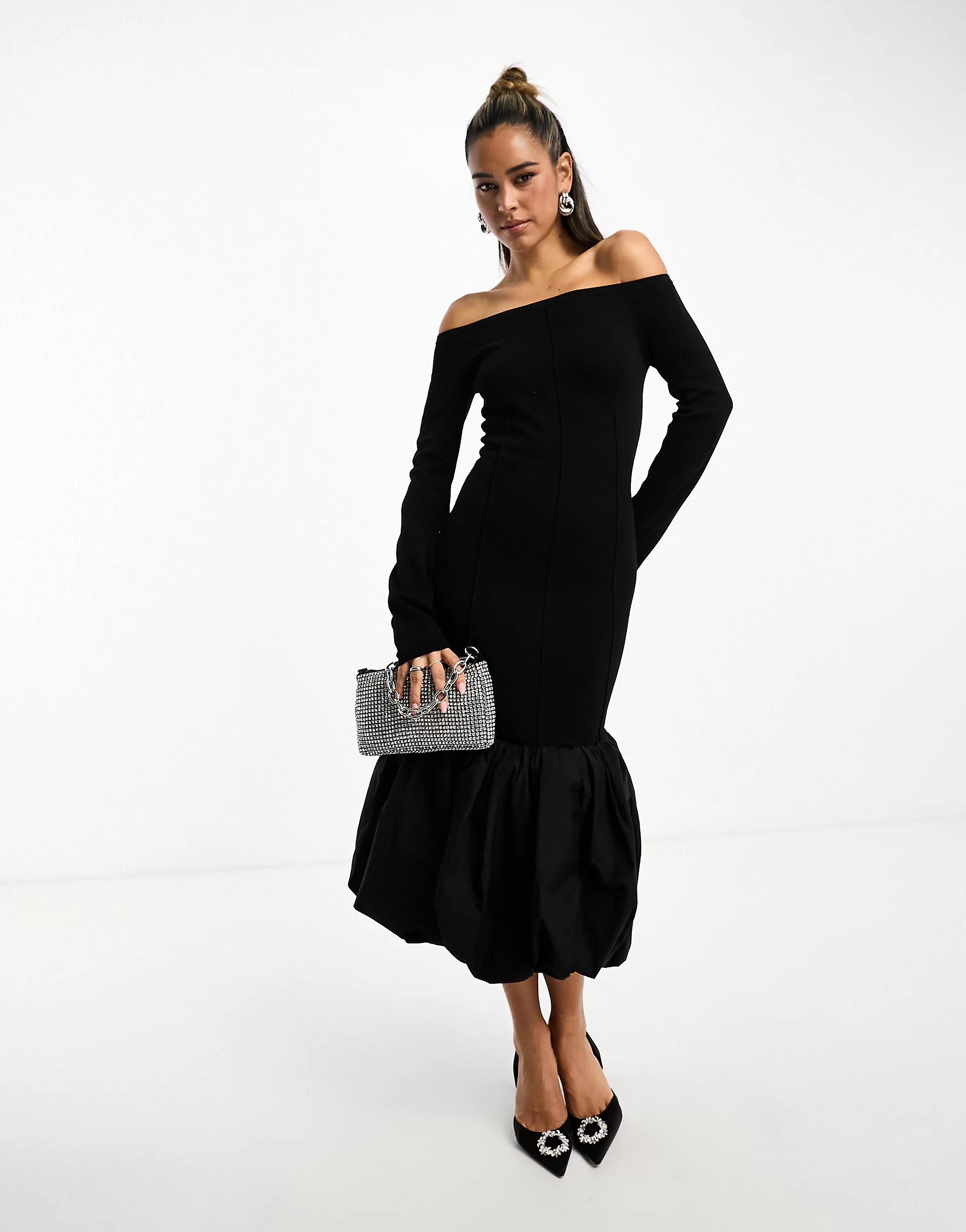 & Other Stories mixed fabric puffball midi dress in black | ASOS (Global)