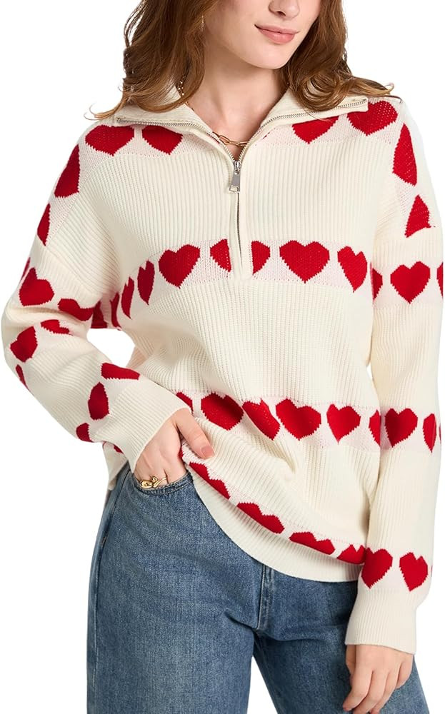Yimoon Heart Sweater for Women Quarter Zip Oversized Valentines Sweater Cute Long Sleeve Chunky K... | Amazon (US)