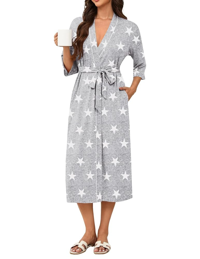 Ekouaer Robes for Women Long Knit Bathrobe Lightweight 3/4 Sleeves Kimono Robe Soft Sleepwear wit... | Amazon (US)