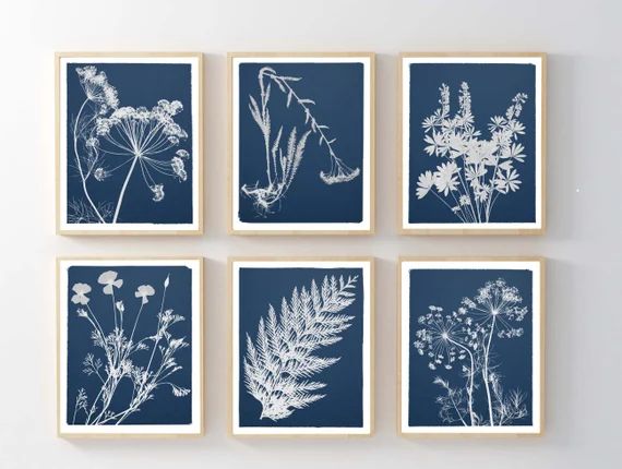 Set of 6 Cyanotype Botanical Prints - Blue and White Botanical Print Set - Nature Wall Art - 5X7,... | Etsy (US)