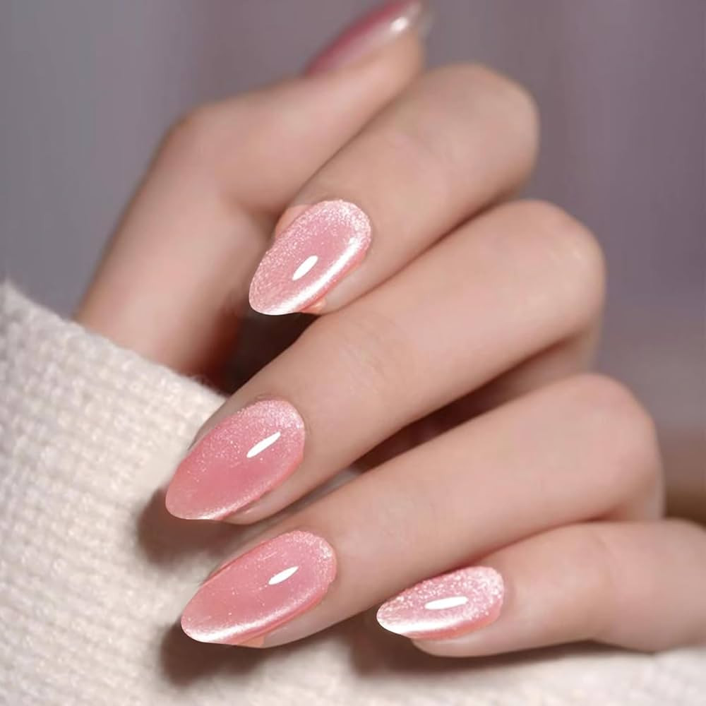 GLAMERMAID Pink Press on Nails Short Almond, Handmade Magnet Cat Eyes Jelly Gel Fake Nail Kits, O... | Amazon (US)