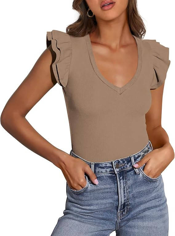 PRETTYGARDEN Womens V Neck Summer Tops Ruffle Sleeveless Slim Fit T Shirts Going Out Casual Blous... | Amazon (US)