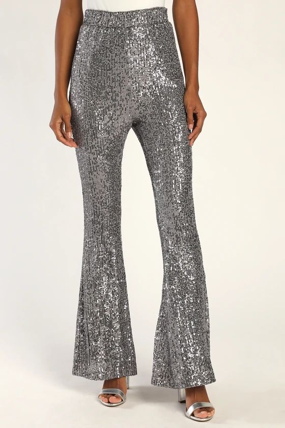 Shiny Statement Silver Sequin High-Waisted Flare Pants | Lulus (US)