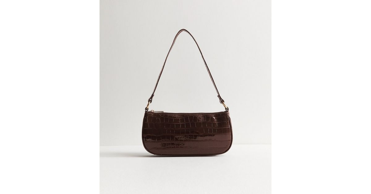 Dark Brown Patent Faux Leather Crocodile Embossed Shoulder Bag New Look | New Look (UK)