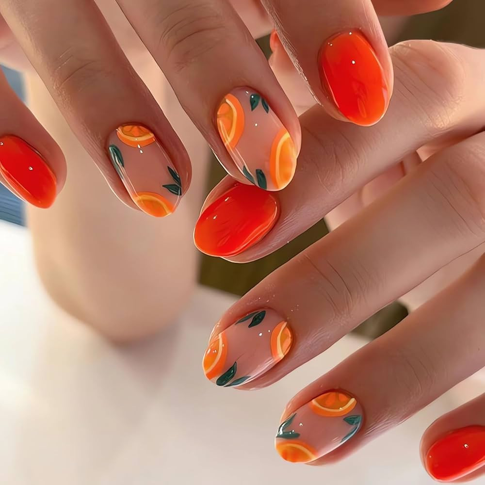 IMSOHOT Oval Short Press on Nails Orange French Tips Fake Nails Fresh Fruit Designs Nude Glossy G... | Amazon (US)